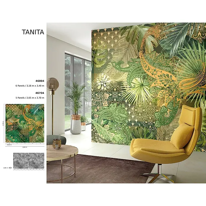 Marburg Smart Art Aspiration Fototapete Floral IV - B x H: 318 x 340 cm, Vlies - Tropische botanische Wandtapete mit grünen Blättern und goldenen Paisley-Mustern, in einem modernen Interieur gezeigt, mit Skalendetails.