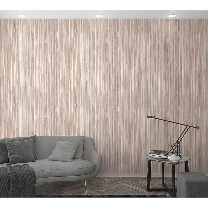 Marburg Smart Art Aspiration Fototapete Streifen II - B x H: 106 x 270 cm, Vlies, Beige - Tapete mit vertikalen Streifen in gedämpftem Rosa, Weiß und Erdtönen an einer Wohnzimmerwand.