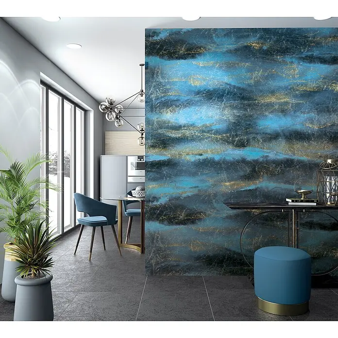 Marburg Smart Art Aspiration Fototapete Struktur IV - Schwarz-Blau, B x H: 212 x 270 cm, Vlies - Großformatige Dekorwandplatte mit abstraktem blau-schwarz-goldenem Design in modernem Interieur.