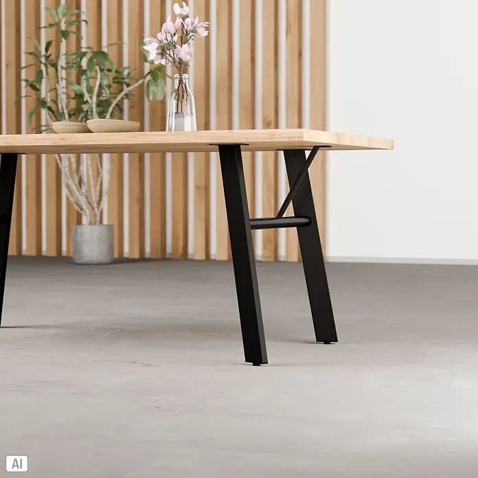 Walteco Tischbein Framy - L x B x H: 72,8 x 22,3 x 72 cm, Schwarz - Moderner Holztisch mit schwarzen Metallbeinen, dekoriert mit Schalen und einer Blumenvase in einem hellen Raum.