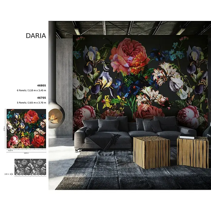 Marburg Smart Art Aspiration Fototapete Floral V - B x H: 318 x 340 cm, Vlies - Daria Blumentapete mit leuchtenden Rosen, Iris und Lilien auf dunklem Grund, schmückt ein modernes Wohnzimmer.