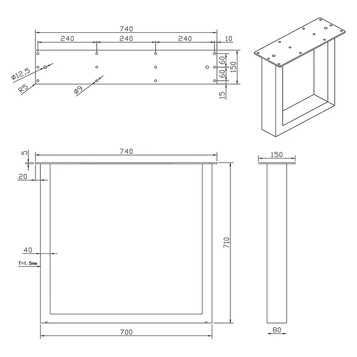 Walteco Tischbein U - L x B x H: 74 x 15 x 71 cm, Schwarz - Technische Zeichnung eines U-förmigen Tischbeins aus Metall mit Montageplatte, Maßen und Schraubenlöchern.