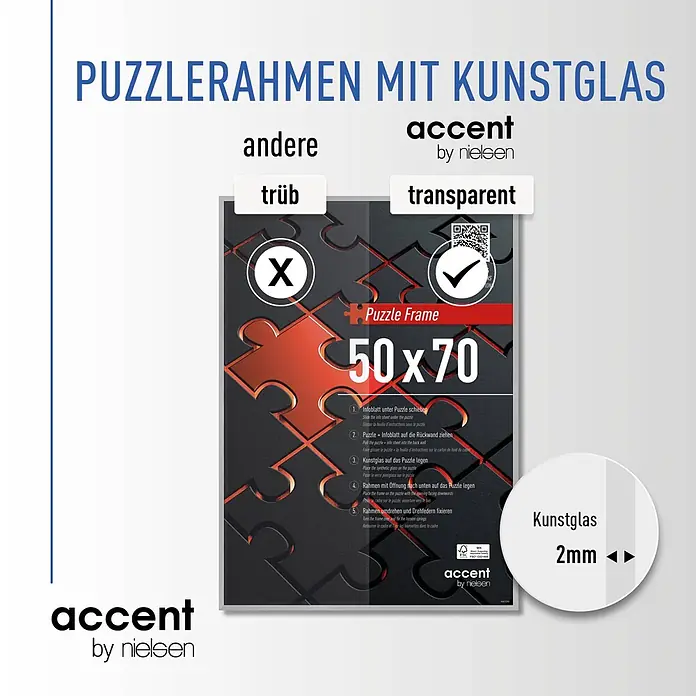 Accent Alurahmen Puzzle Frame - 50 x 70 cm, Silber - Transparenter Puzzle-Bilderrahmen mit 2mm Kunstglas für 50x70 cm Puzzles von accent by nielsen.