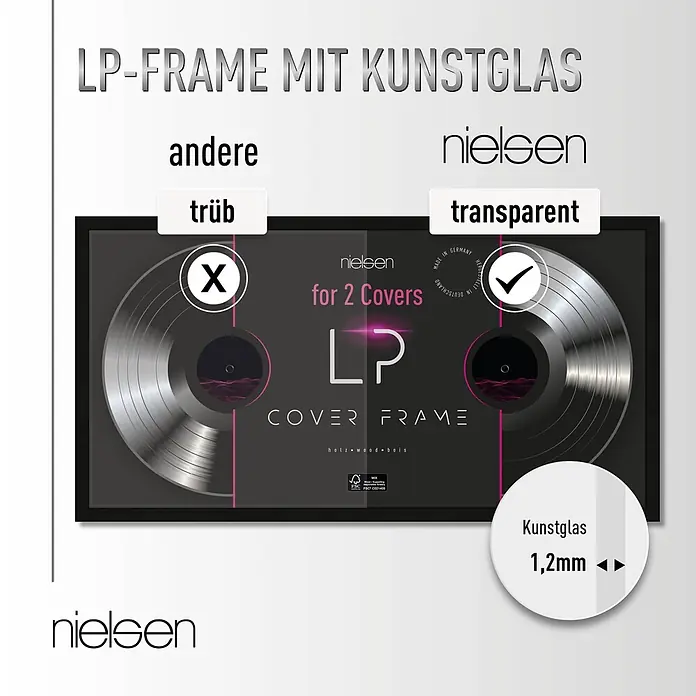 Nielsen Holzrahmen LP Cover Frame - 31,3 x 63,3 cm, Schwarz - Schwarzer LP-Rahmen mit 1,2 mm transparentem Kunstglas, für zwei Album-Cover.