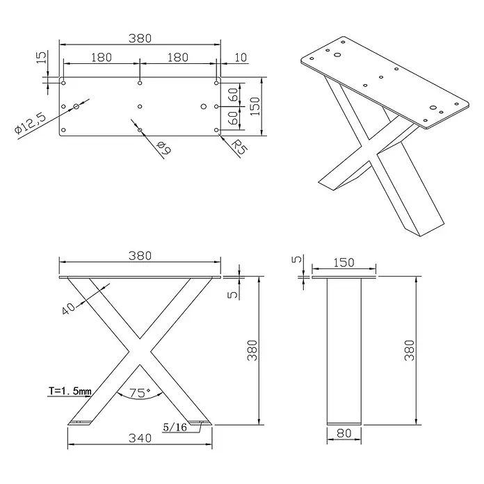 Walteco Tischbein - L x B x H: 38 x 15 x 38 cm, Schwarz - Technische Zeichnung eines metallenen X-förmigen Tischbeins mit Maßen und einer rechteckigen Montageplatte.