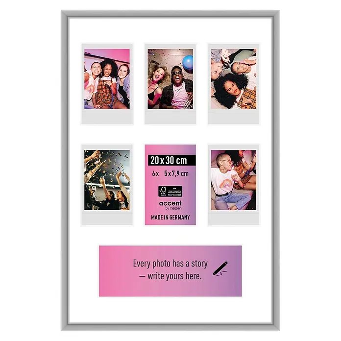 Accent Collagerahmen Instant - Anzahl Fotoplatzhalter: 6 Stk., Silber, Aluminium - Silbergrauer Mehrfach-Bilderrahmen mit weißem Passepartout für sechs Fotos.