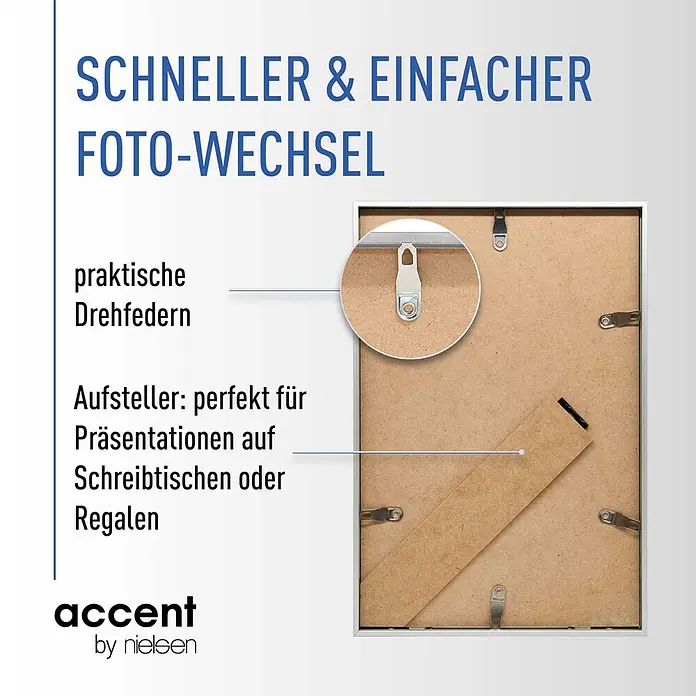 Accent Collagerahmen Instant - Anzahl Fotoplatzhalter: 6 Stk., Silber, Aluminium - Silberner Bilderrahmen von hinten, mit Drehfedern für schnellen Fotowechsel und Aufsteller für Tische/Regale.
