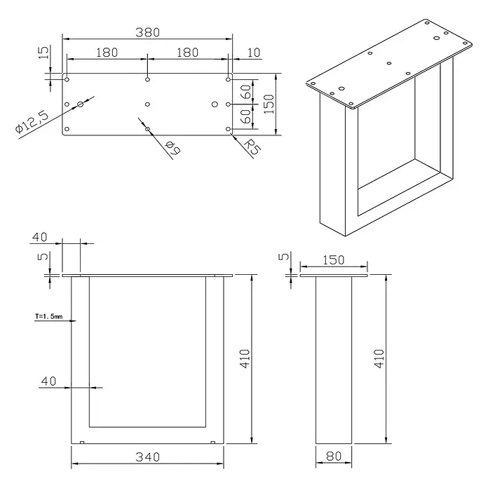 Walteco Tischbein - L x B x H: 38 x 15 x 41 cm, Schwarz - Technische Zeichnung eines U-förmigen Tischbeins aus Metall mit Montageplatte, mit detaillierten Maßen und Materialstärke.