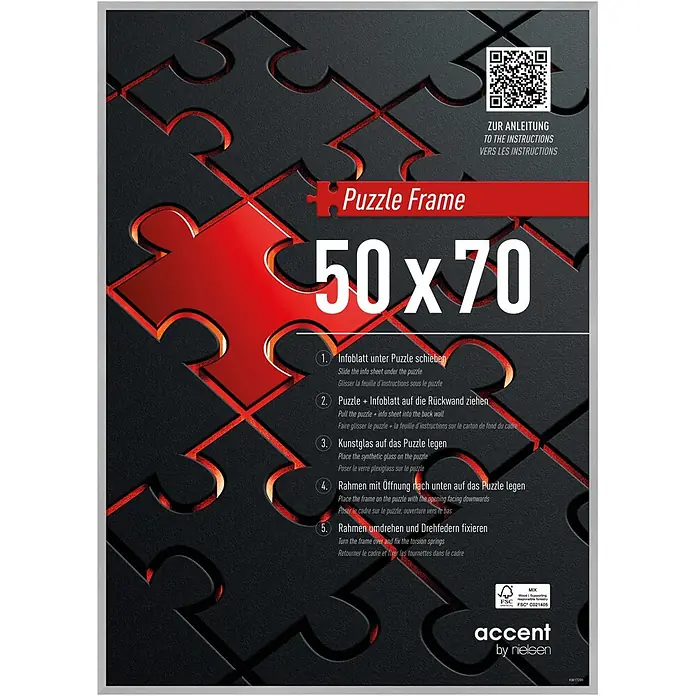 Accent Alurahmen Puzzle Frame - 50 x 70 cm, Silber - Silberner 50x70 Puzzle-Rahmen mit Anweisungen und Markenlogo sichtbar.