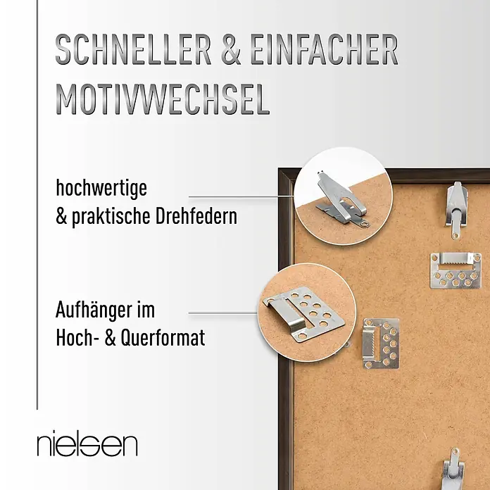 Nielsen Holzrahmen Vinyl Frame - 31,4 x 31,6 cm, Weiß - Rückseite eines Bilderrahmens mit silbernen Drehfedern für schnellen Motivwechsel und vielseitigen Aufhängern für Hoch- & Querformat.