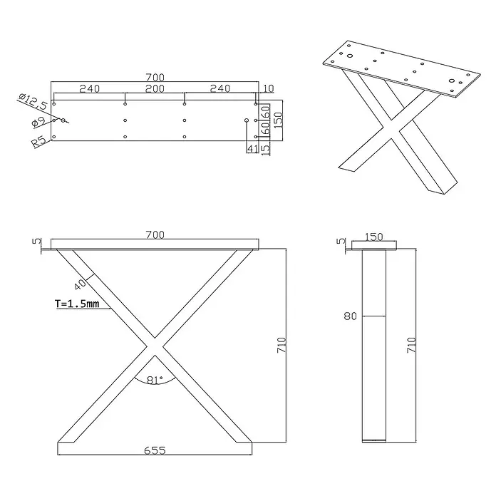 Walteco Tischbein - L x B x H: 70 x 15 x 71 cm, Schwarz - Technische Zeichnung eines X-förmigen Metalltischgestells, 710 mm hoch, mit einer 700x150 mm Montageplatte und 1,5 mm dicken Beinen.