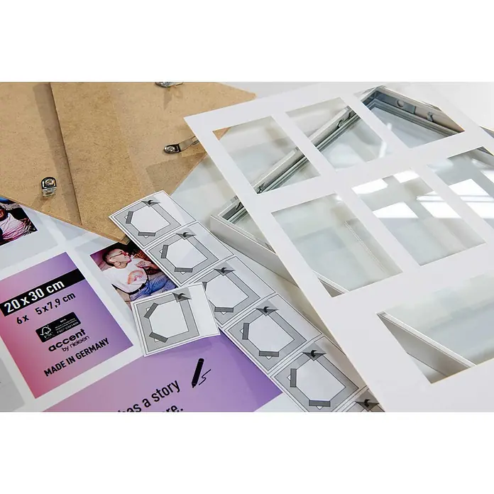 Accent Collagerahmen Instant - Anzahl Fotoplatzhalter: 6 Stk., Silber, Aluminium - Teile eines Mehrfach-Bilderrahmen-Sets: Holzrückwand, weißes Passepartout und Fotoanleitungen.