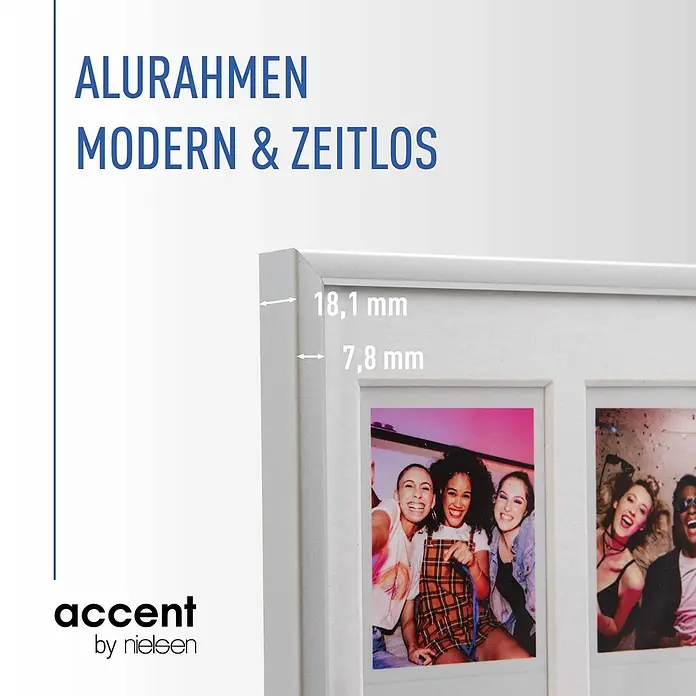 Accent Collagerahmen Instant - Anzahl Fotoplatzhalter: 6 Stk., Silber, Aluminium - Weißer Aluminium-Bilderrahmen mit Profilmaßen 18,1 mm Breite und 7,8 mm Tiefe. Modernes, zeitloses Design für mehrere Fotos.