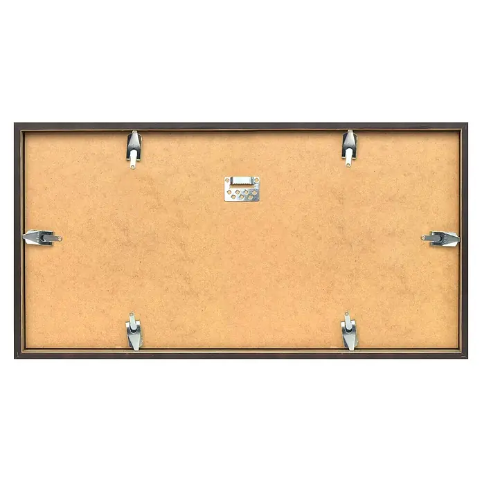 Nielsen Holzrahmen LP Cover Frame - 31,3 x 63,3 cm, Schwarz - Rückseite eines dunkelbraunen Bilderrahmens mit hellbrauner Faserplattenrückwand, gesichert durch Metallklammern und mit Zackenaufhänger.