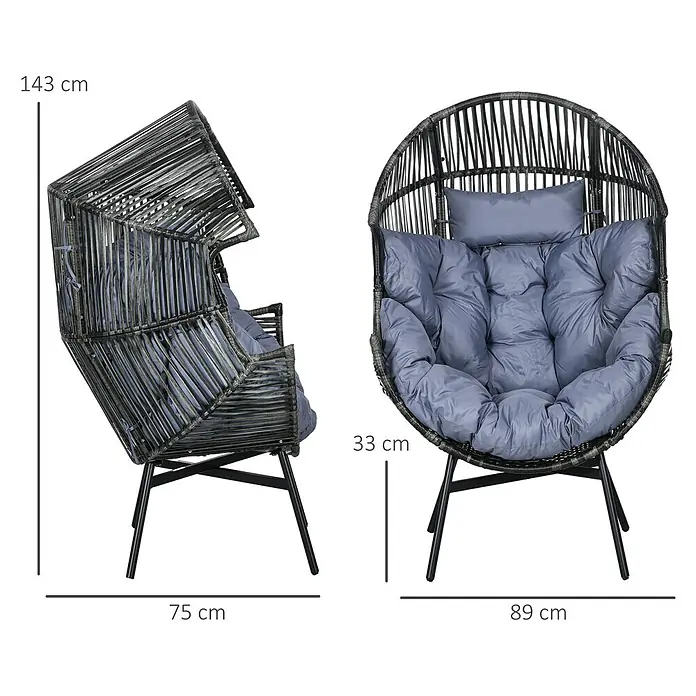 Outsunny Garten-Loungesessel - Stahl, PE Rattan, Polyester, Schaumstoff, Grau, B x T x H: 75 x 75 x 143 cm - Dunkelgrauer Rattan-Eiersessel mit weichen blau-grauen Kissen, von Seite (H 143 cm, T 75 cm) und vorne (B 89 cm, SH 33 cm) gezeigt.