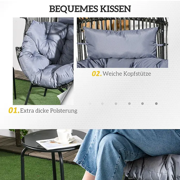 Outsunny Garten-Loungesessel - Stahl, PE Rattan, Polyester, Schaumstoff, Grau, B x T x H: 75 x 75 x 143 cm - Grau-blaues Kissenset mit extra dicker Polsterung und weicher Kopfstütze für einen Stuhl.