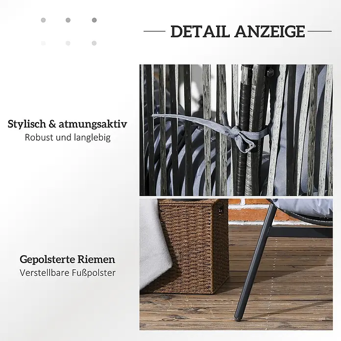 Outsunny Garten-Loungesessel - Stahl, PE Rattan, Polyester, Schaumstoff, Grau, B x T x H: 75 x 75 x 143 cm - Detail eines grauen geflochtenen Outdoor-Stuhls, zeigt Kissenband und eine verstellbare Fußpolsterung.