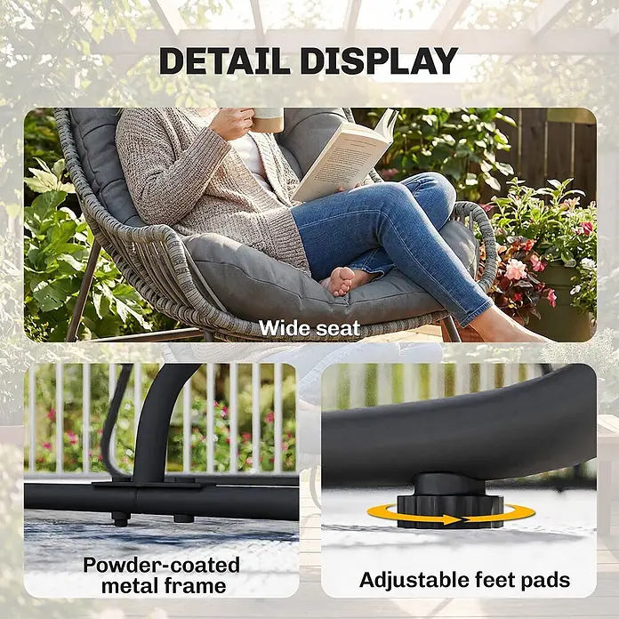 Outsunny Garten-Loungesessel - Stahl, PE Rattan, Polyester, Schaumstoff, Dunkelgrau, B x T x H: 75 x 101 x 90 cm - Frau liest in grauem Rattan-Sessel mit breiter Sitzfläche, schwarz pulverbeschichtetem Metallrahmen und verstellbaren Fußpads.