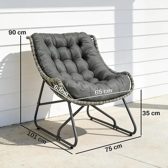 Outsunny Garten-Loungesessel - Stahl, PE Rattan, Polyester, Schaumstoff, Dunkelgrau, B x T x H: 75 x 101 x 90 cm - Dunkelgrauer gepolsterter Loungesessel mit geflochtenem Rahmen und schwarzen Metallbeinen.