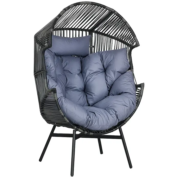 Outsunny Garten-Loungesessel - Stahl, PE Rattan, Polyester, Schaumstoff, Grau, B x T x H: 75 x 75 x 143 cm - Dunkelgrauer Rattan-Eiersessel mit gepolsterten grauen Kissen und schwarzen Metallbeinen.