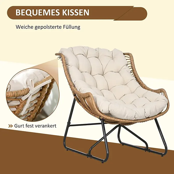 Outsunny Garten-Loungesessel - 1 Stk., Khaki - Heller Rattan-Sessel mit schwarzem Metallgestell und dickem, weichem, cremefarbenem Kissen, das fest am Gestell befestigt ist.