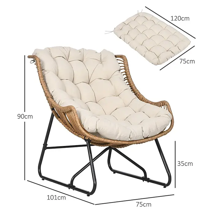 Outsunny Garten-Loungesessel - 1 Stk., Khaki - Brauner Rattan-Loungesessel mit cremefarbenem Kissen und schwarzen Metallbeinen, Maße sind angezeigt.