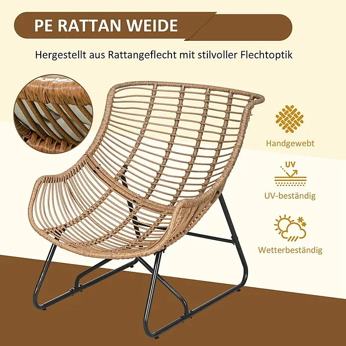 Outsunny Garten-Loungesessel - 1 Stk., Khaki - Ein hellbrauner PE-Rattansessel mit schwarzem Metallgestell, handgewebt, UV- und wetterbeständig.