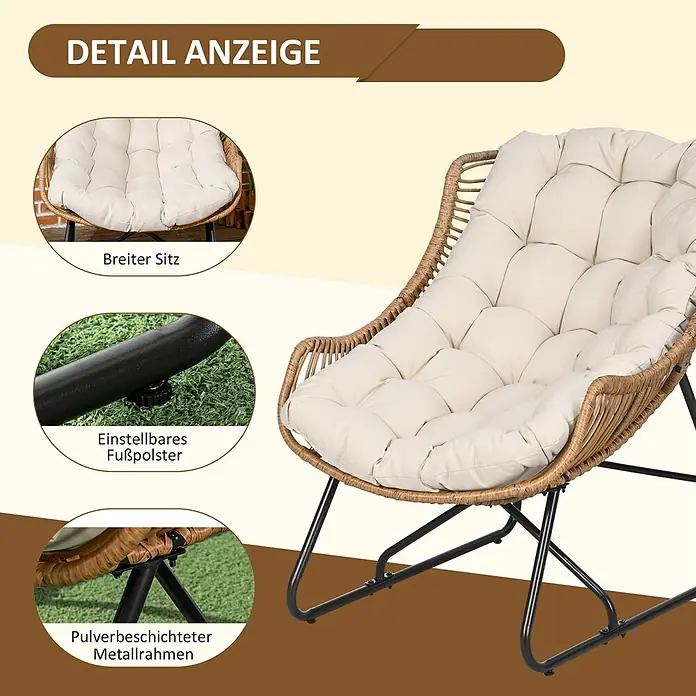 Outsunny Garten-Loungesessel - 1 Stk., Khaki - Brauner Rattansessel mit cremefarbenem Kissen und schwarzem Metallrahmen. Detailansichten zeigen breiten Sitz, verstellbare Füße und pulverbeschichtetes Gestell.