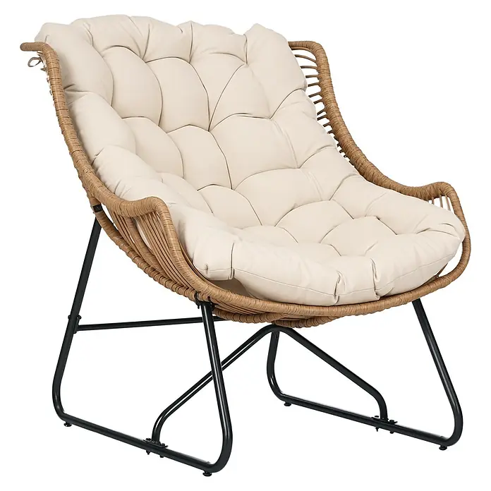 Outsunny Garten-Loungesessel - 1 Stk., Khaki - Bequemer beigefarbener Korbsessel mit schwarzem Metallgestell und einem weichen, cremefarbenen Polster.