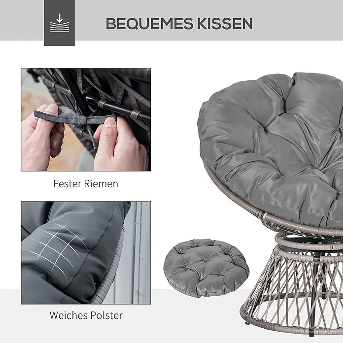 Outsunny Garten-Loungesessel - 1 Stk., PE Rattan, Stahl, Polyester, Grau - Graues, weiches Papasan-Sitzkissen mit festen Befestigungsriemen für Komfort und Halt.