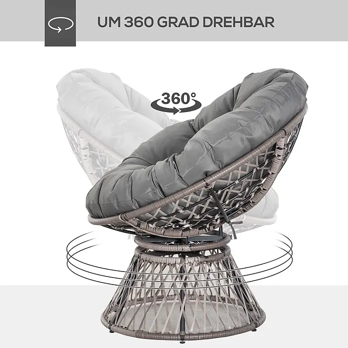 Outsunny Garten-Loungesessel - 1 Stk., PE Rattan, Stahl, Polyester, Grau - Braun-grauer Rattan-Papasan-Drehsessel mit dickem grauen Kissen, der seine 360-Grad-Drehfunktion zeigt.