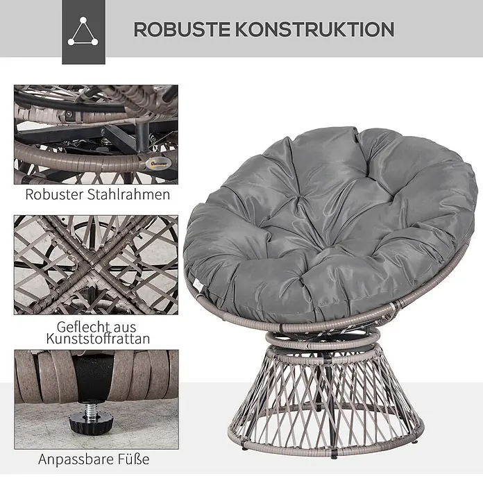 Outsunny Garten-Loungesessel - 1 Stk., PE Rattan, Stahl, Polyester, Grau - Grauer Drehsessel aus Polyrattan mit plüschigem Kissen, robustem Stahlrahmen und verstellbaren Füßen.
