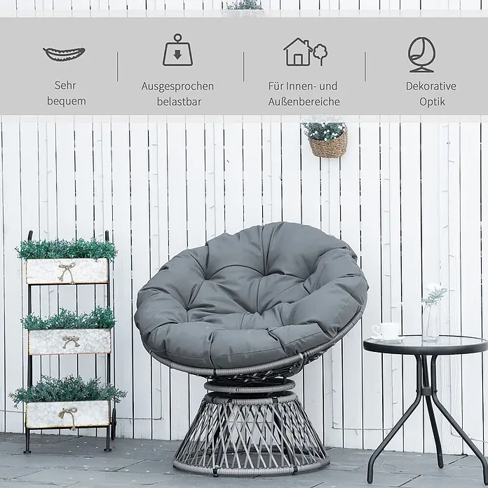 Outsunny Garten-Loungesessel - 1 Stk., PE Rattan, Stahl, Polyester, Grau - Grauer Papasan-Sessel mit dickem Kissen auf einer Terrasse, für den Innen- und Außenbereich geeignet, mit dekorativem Rattan-Look-Gestell.