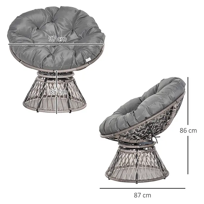 Outsunny Garten-Loungesessel - 1 Stk., PE Rattan, Stahl, Polyester, Grau - Grauer Papasan-Sessel mit plüschigem Kissen und Rattan-ähnlichem Untergestell.