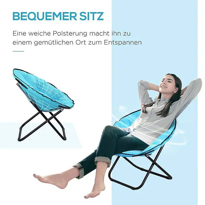 Outsunny Garten-Loungesessel - Metall, 600D-Oxfordstoff (100% Polyester), Klappbar, Blau, B x T x H: 80 x 80 x 75 cm - Blauer, gepolsterter Klappstuhl mit schwarzem Gestell. Eine Frau entspannt bequem darin.