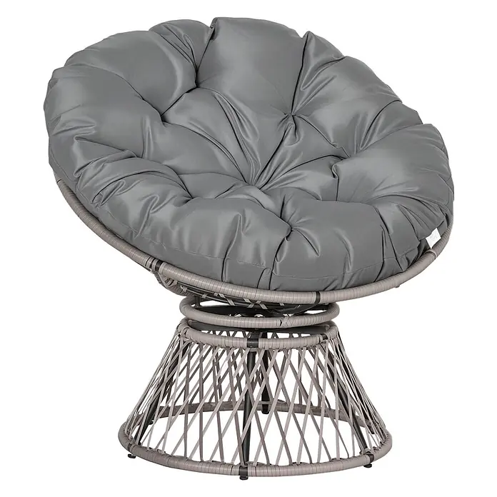 Outsunny Garten-Loungesessel - 1 Stk., PE Rattan, Stahl, Polyester, Grau - Grauer Papasan-Drehsessel mit dickem Polsterkissen und grauem, geflochtenem Rattan-Untergestell.