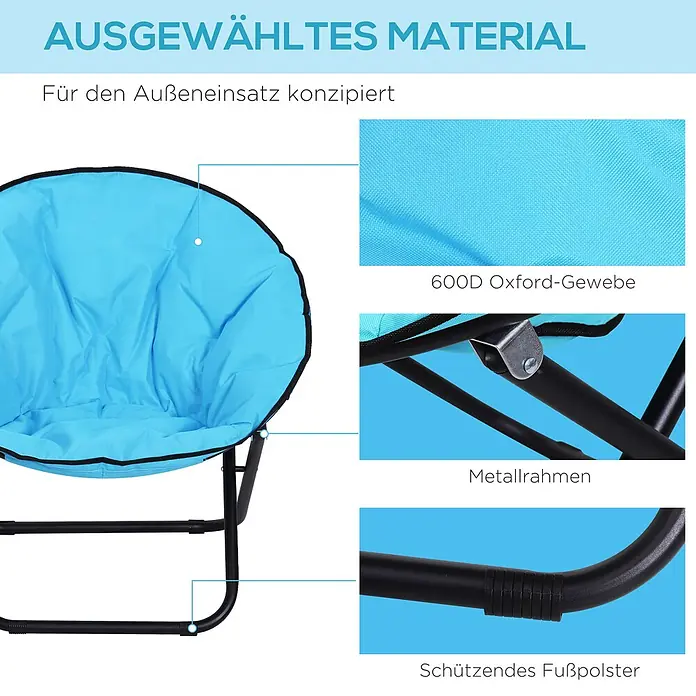 Outsunny Garten-Loungesessel - Metall, 600D-Oxfordstoff (100% Polyester), Klappbar, Blau, B x T x H: 80 x 80 x 75 cm - Blauer Klappstuhl mit 600D Oxford-Gewebe, Metallrahmen und schützenden Fußpolstern, für den Außeneinsatz konzipiert.