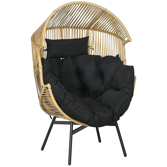 Outsunny Garten-Loungesessel - Stahl, PE Rattan, Polyester, Schaumstoff, Sand, B x T x H: 75 x 75 x 143 cm - Natürlicher Rattan-Eiersessel mit schwarzen Plüschkissen und schwarzen Metallbeinen.
