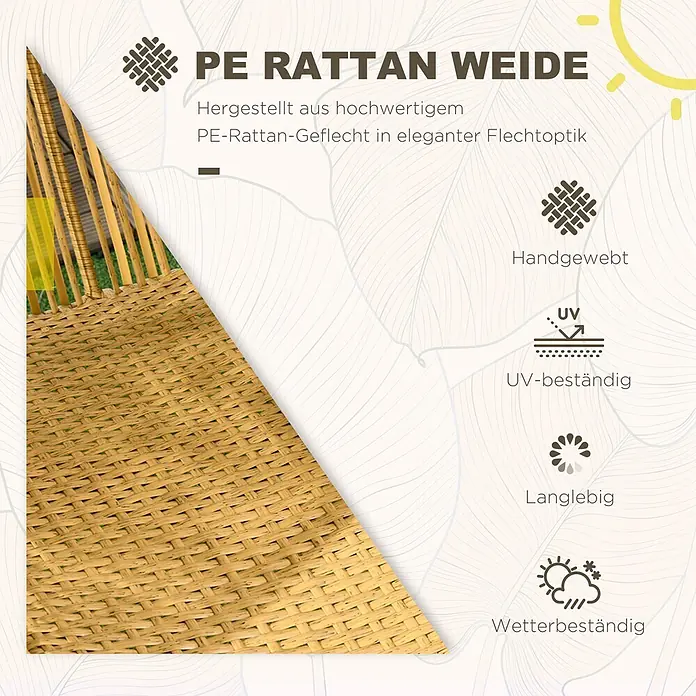 Outsunny Garten-Loungesessel - Stahl, PE Rattan, Polyester, Schaumstoff, Sand, B x T x H: 75 x 75 x 143 cm - Nahaufnahme von hellbraunem PE-Rattan-Geflecht, das seine handgewebten, UV-beständigen, langlebigen und wetterfesten Eigenschaften zeigt.