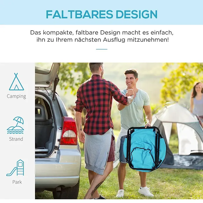 Outsunny Garten-Loungesessel - Metall, 600D-Oxfordstoff (100% Polyester), Klappbar, Blau, B x T x H: 80 x 80 x 75 cm - Faltbarer blauer Stuhl, von einem Mann getragen, bereit für Camping, Strand oder Parkausflüge.