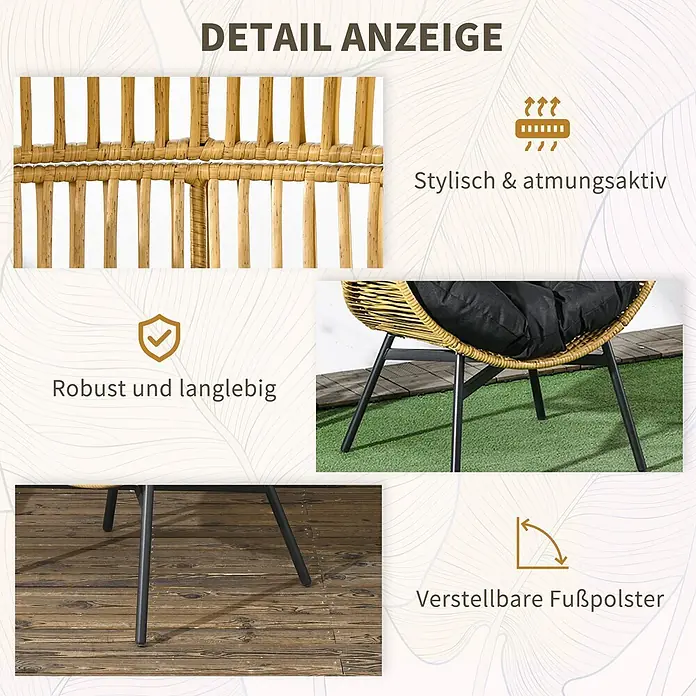 Outsunny Garten-Loungesessel - Stahl, PE Rattan, Polyester, Schaumstoff, Sand, B x T x H: 75 x 75 x 143 cm - Details eines Rattan-Stuhls: geflochtenes Design, schwarzes Kissen, stabile Metallbeine, verstellbare Fußpolster, robust & atmungsaktiv.