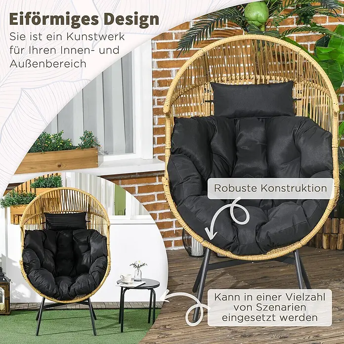 Outsunny Garten-Loungesessel - Stahl, PE Rattan, Polyester, Schaumstoff, Sand, B x T x H: 75 x 75 x 143 cm - Eiförmiger Rattan-Stuhl mit schwarzen Kissen für Innen- und Außenbereiche, robust und vielseitig einsetzbar.