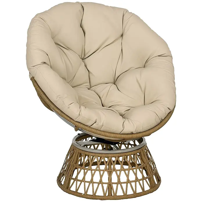 Outsunny Garten-Loungesessel - Stahl, PE-Rattan, Polyester, Khaki, B x T x H: 85 x 70 x 82 cm - Beiger Papasan-Stuhl mit getuftetem Kissen und braunem, geflochtenem Drehsockel.