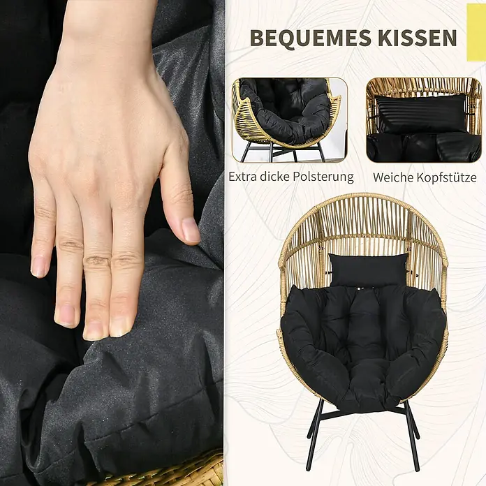 Outsunny Garten-Loungesessel - Stahl, PE Rattan, Polyester, Schaumstoff, Sand, B x T x H: 75 x 75 x 143 cm - Bequemer Sessel im Rattan-Stil mit extra dicken schwarzen Kissen und weicher Kopfstütze, hervorgehoben durch eine Hand, die auf die Polsterung drückt.