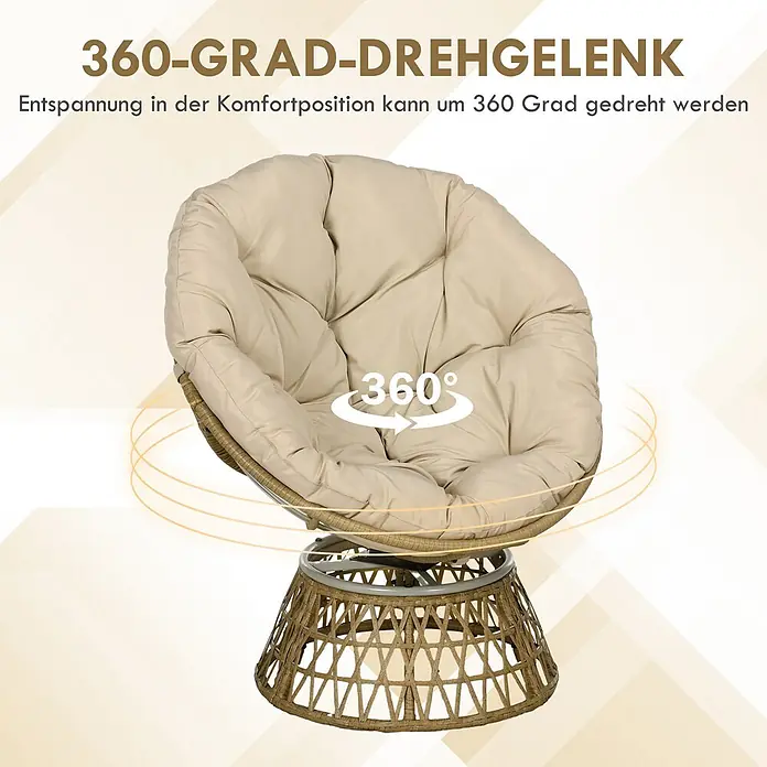 Outsunny Garten-Loungesessel - Stahl, PE-Rattan, Polyester, Khaki, B x T x H: 85 x 70 x 82 cm - Beiger Papasan-Sessel mit Rattan-Basis, um 360 Grad drehbar für Komfort.