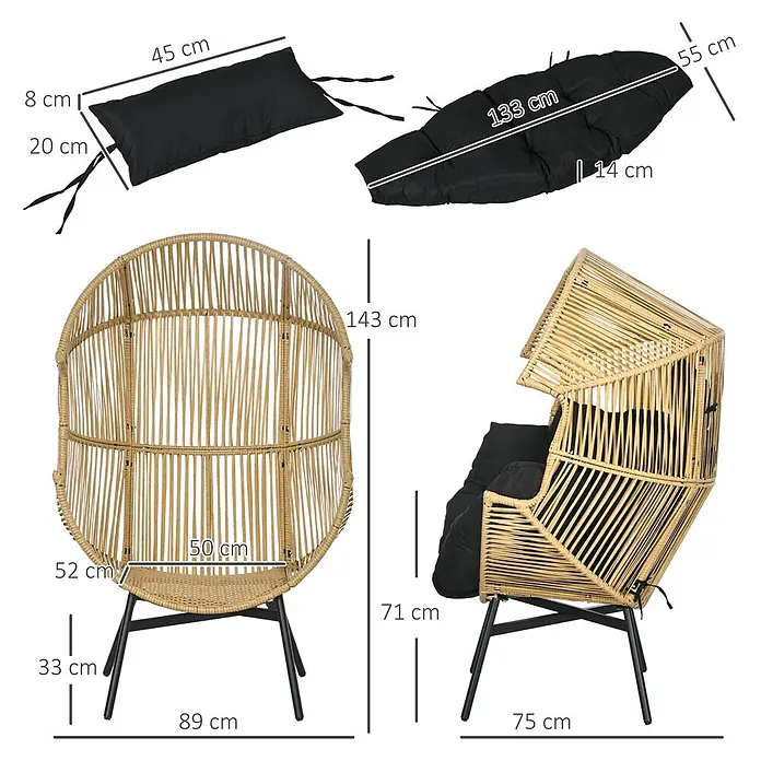 Outsunny Garten-Loungesessel - Stahl, PE Rattan, Polyester, Schaumstoff, Sand, B x T x H: 75 x 75 x 143 cm - Heller Rattan-Sessel mit schwarzen Kissen, detailliert mit allen Hauptmaßen.
