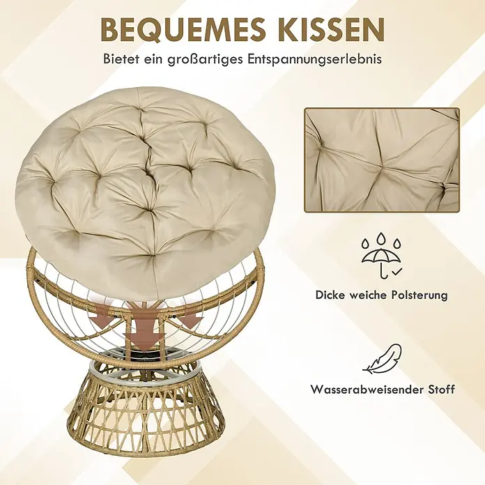 Outsunny Garten-Loungesessel - Stahl, PE-Rattan, Polyester, Khaki, B x T x H: 85 x 70 x 82 cm - Runder Rattan-Sessel mit dickem, cremefarbenem, getuftetem Kissen für entspannenden Komfort, mit wasserabweisendem Stoff.