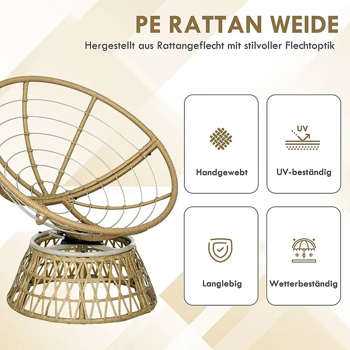 Outsunny Garten-Loungesessel - Stahl, PE-Rattan, Polyester, Khaki, B x T x H: 85 x 70 x 82 cm - Beiger PE Rattan Schaukelstuhl mit handgewebtem, langlebigem, UV- und wetterbeständigem Design.