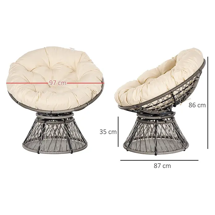 Outsunny Garten-Loungesessel - PE Rattan, Stahl, Polyester, Beige, B x T x H: 97 x 87 x 90 cm - Grauer Rattansessel mit dickem cremefarbenem Kissen, Maße sind angezeigt.