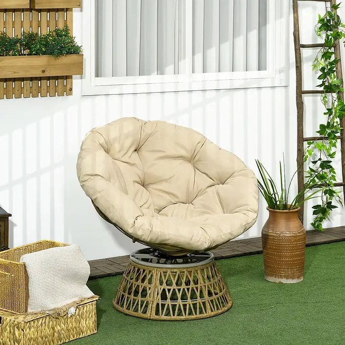 Outsunny Garten-Loungesessel - Stahl, PE-Rattan, Polyester, Khaki, B x T x H: 85 x 70 x 82 cm - Ein bequemer beiger Papasan-Sessel mit Rattanbasis auf Kunstrasen im Außenbereich.